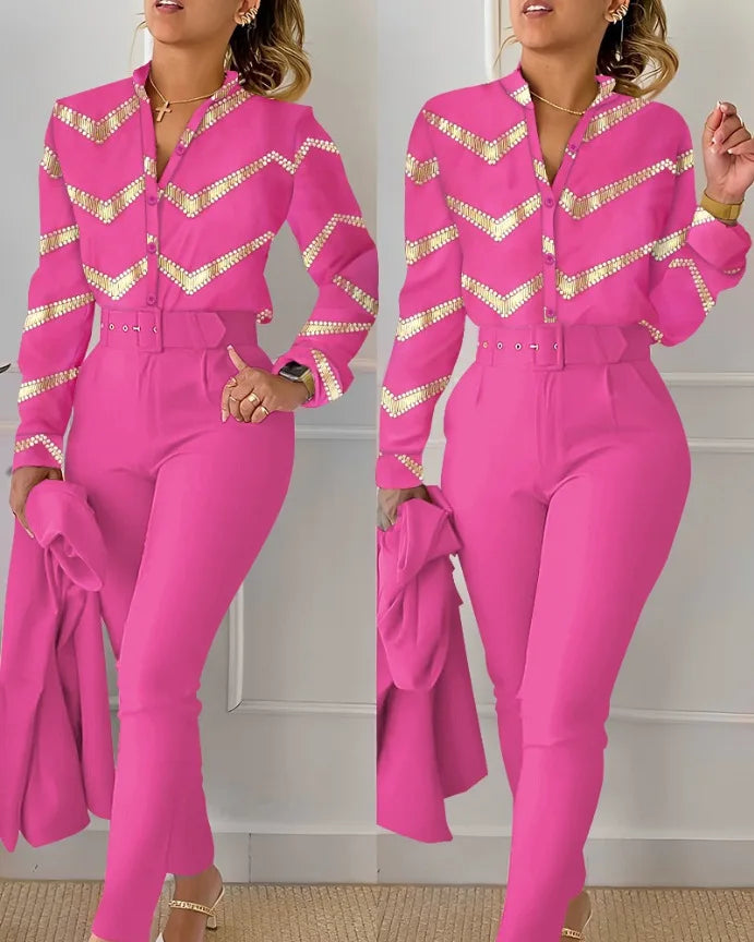 Ensemble chemise et pantalon à manches longues pour femmes, col montant, imprimé floral, chemise décontractée élégante, FJSuits avec ceinture, automne, hiver, 2 pièces