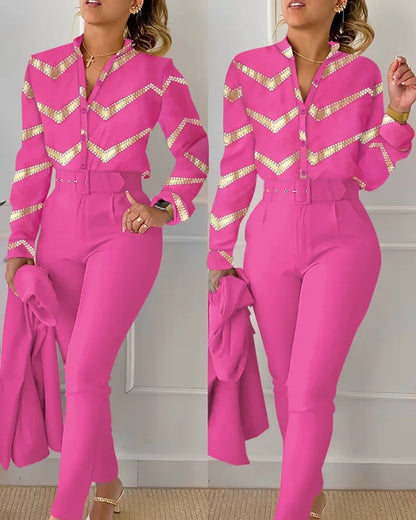 Ensemble chemise et pantalon à manches longues pour femmes, col montant, imprimé floral, chemise décontractée élégante, FJSuits avec ceinture, automne, hiver, 2 pièces