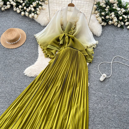 Miyake pli changement progressif couleur bord ondulé costume soleil jupe plissée à la mode et élégant deux pièces ensembles tenues pour femmes