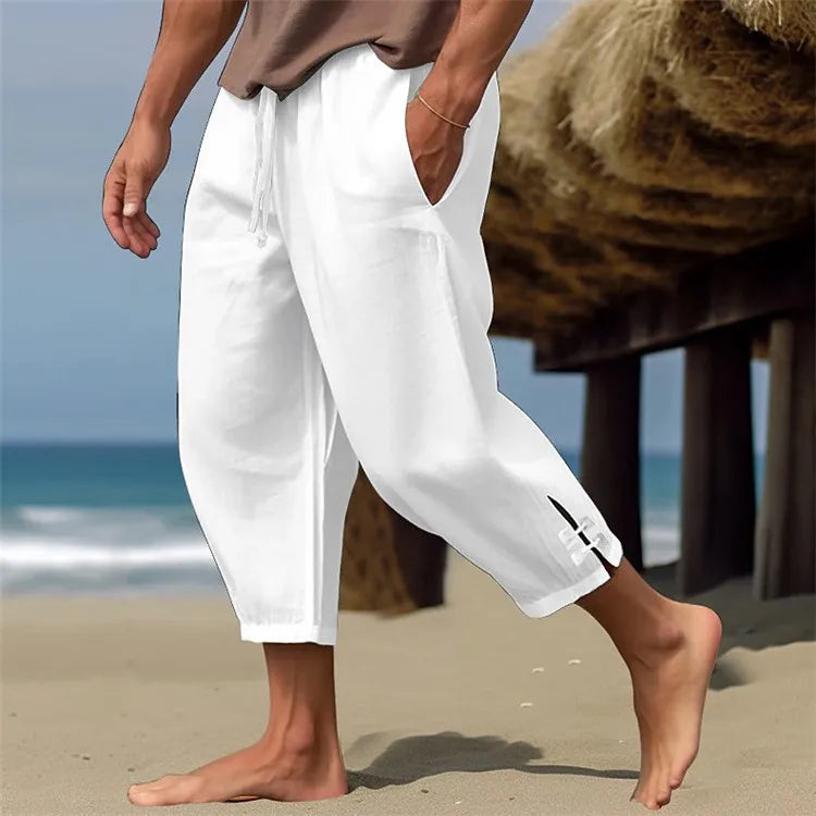 Pantalon en lin pour hommes, pantalon d'été, pantalon de plage, ceinture élastique, confortable et respirant, pantalon Captcha pour mollet, printemps