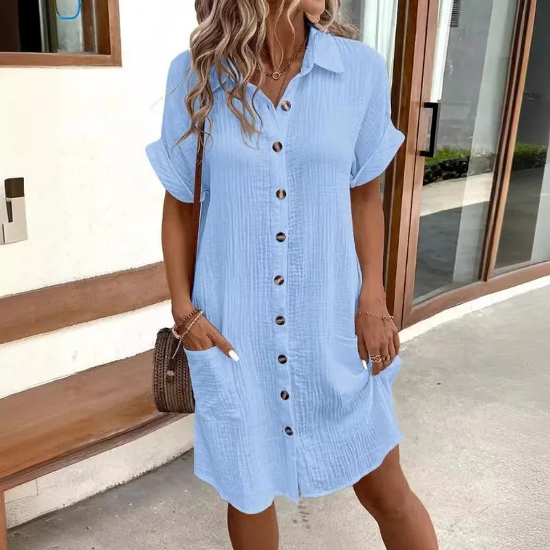 Robe boutonnée à col en V minimaliste pour femmes, coton, lin, blanc, manches courtes, poche, décontracté, chemise, été, mode