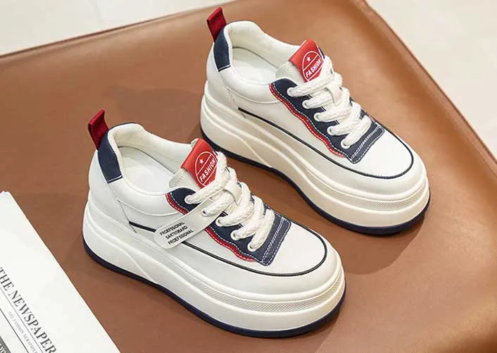 Fujin-Chaussures à l'offre elles compensées en cuir véritable pour femme, grosses chaussures blanches de 9cm, à la mode, automne et été