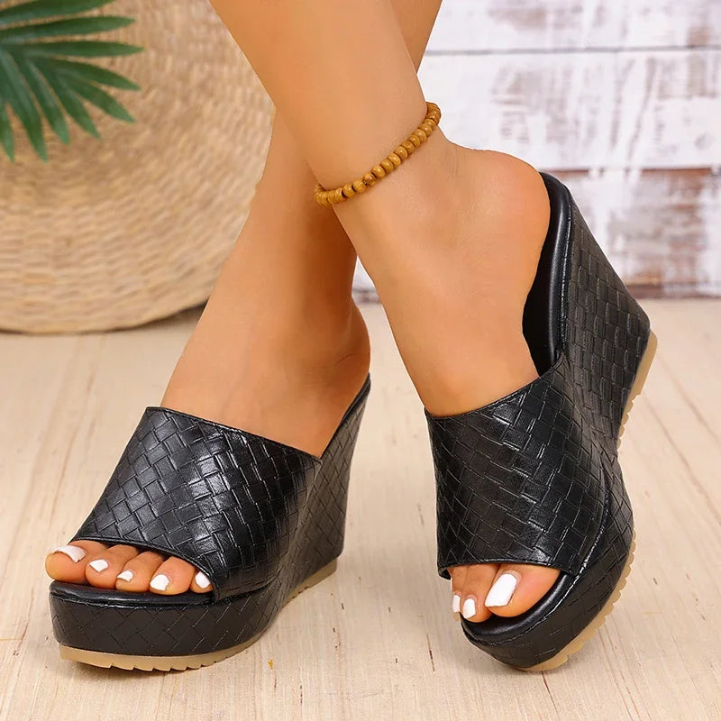 Plate-forme épaisse sandales à talons compensés femmes Sexy Peep orteil noir Pu cuir tissage diapositives femme Super haut talon anti-dérapant Sandalias Mujer