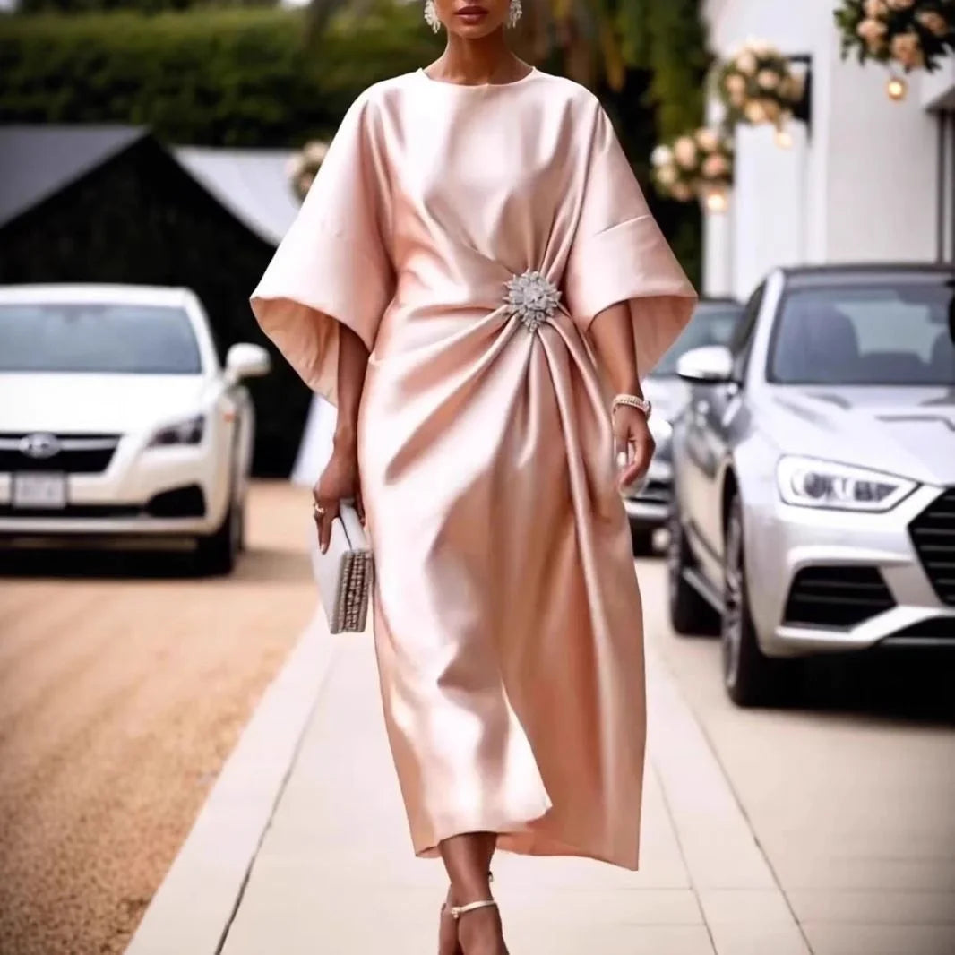 Robe d'invité de mariage élégante pour femmes, Champagne, col rond évasé, manches 3/4, nœud à paillettes, robes mi-longues en Satin pour soirée Cocktail