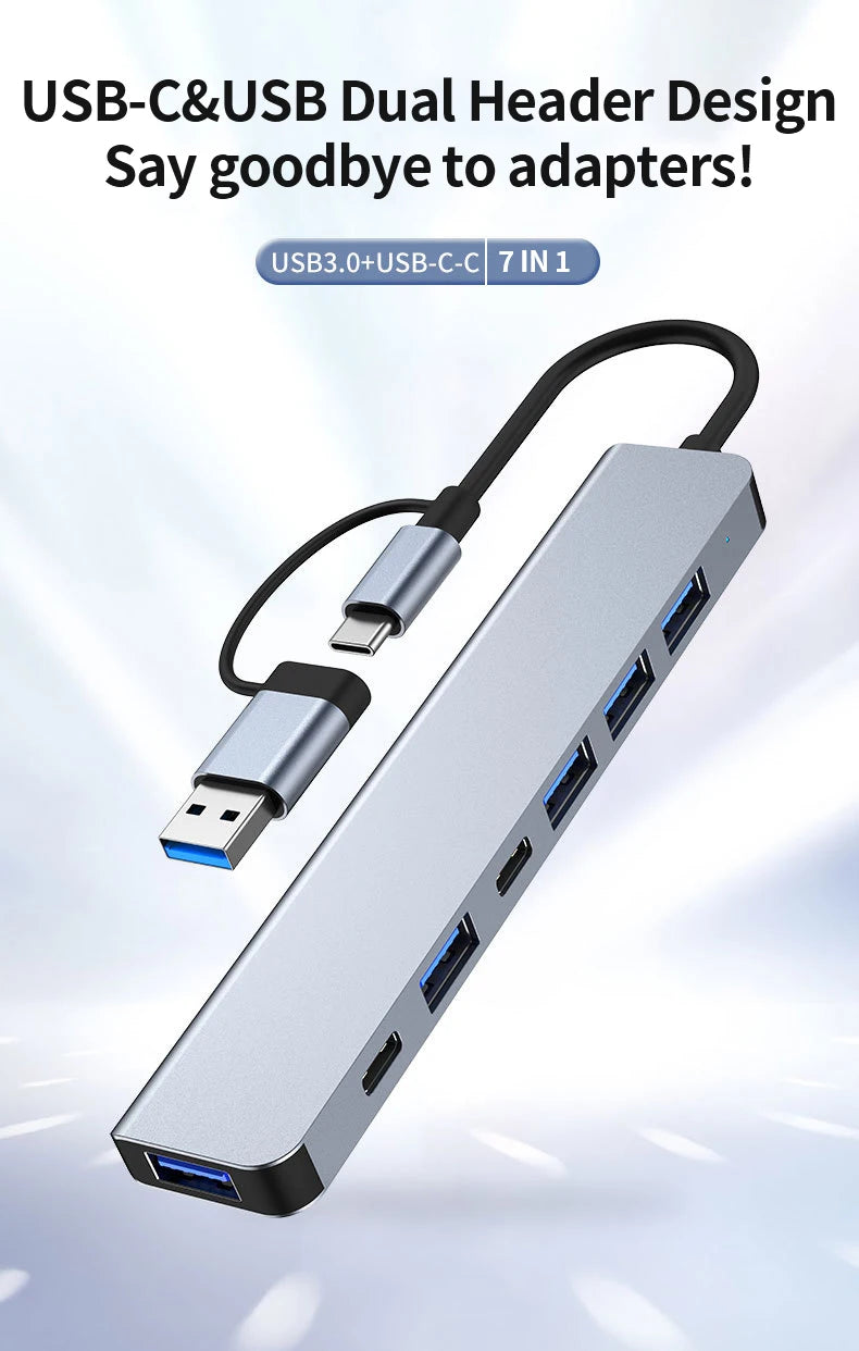 Hub USB C Hub USB 3.0, extension USB 7 en 1 en aluminium, répartiteur USB avec USB 3.0, 4 X USB 2.0 et 2 ports USB C Distributeur USB