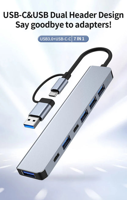 Hub USB C Hub USB 3.0, extension USB 7 en 1 en aluminium, répartiteur USB avec USB 3.0, 4 X USB 2.0 et 2 ports USB C Distributeur USB