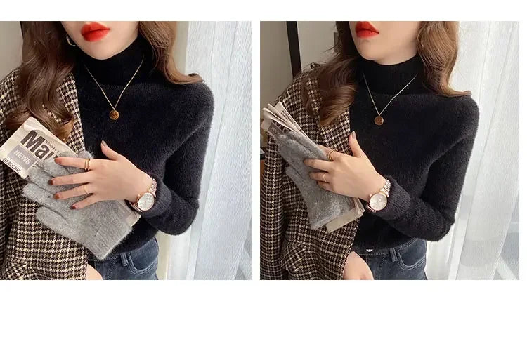 Automne hiver épais Pull femmes tricoté côtelé Pull Pull à manches longues col roulé mince Pull doux chaud Pull Femme 2025