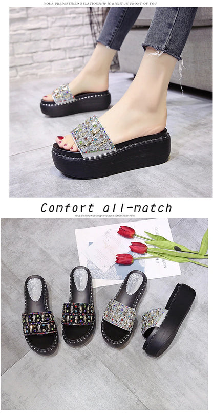 Plate-forme strass sandales pantoufles femmes pierres précieuses diapositives femmes chaussures chaussons compensés chaîne perle plage diapositives chaussures
