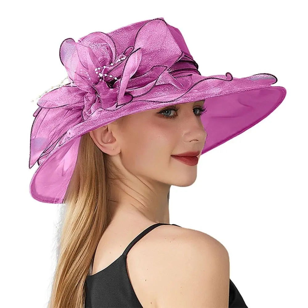 Chapeau Derby à fleurs de couleur unie pour femmes, en Organza à large bord, à volants, chapeau de soleil pliable, Protection UV, pour fête de thé, mariage
