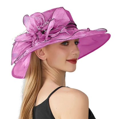 Chapeau Derby à fleurs de couleur unie pour femmes, en Organza à large bord, à volants, chapeau de soleil pliable, Protection UV, pour fête de thé, mariage