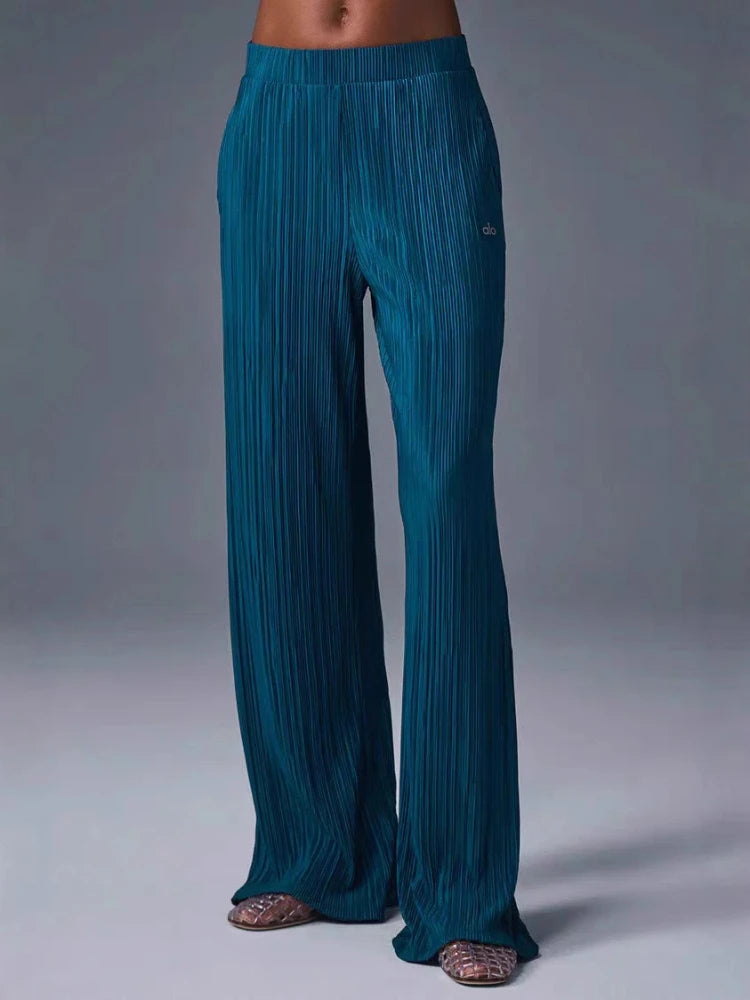 Sport Yoga taille haute pantalon droit femmes plié ample jambe large pantalon respirant décontracté solide taille élastique pantalons pour femmes