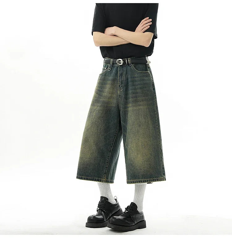 Short en Denim Baggy pour hommes, mode rétro décontractée, ample, jambes larges, longueur mollet, Streetwear Y2K, Style coréen