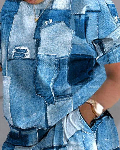 Ensemble deux pièces et short à poches pour femmes, t-shirt imprimé adt, short patchwork, col rond, blanc, décontracté, mode estivale