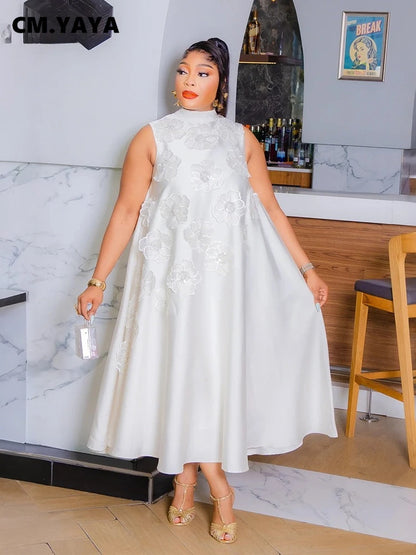 CM.YAYA femmes élégantes sans manches en vrac 3D fleur col rond robe 2025 été moulante rue africaine Midi Maxi robes longues robes