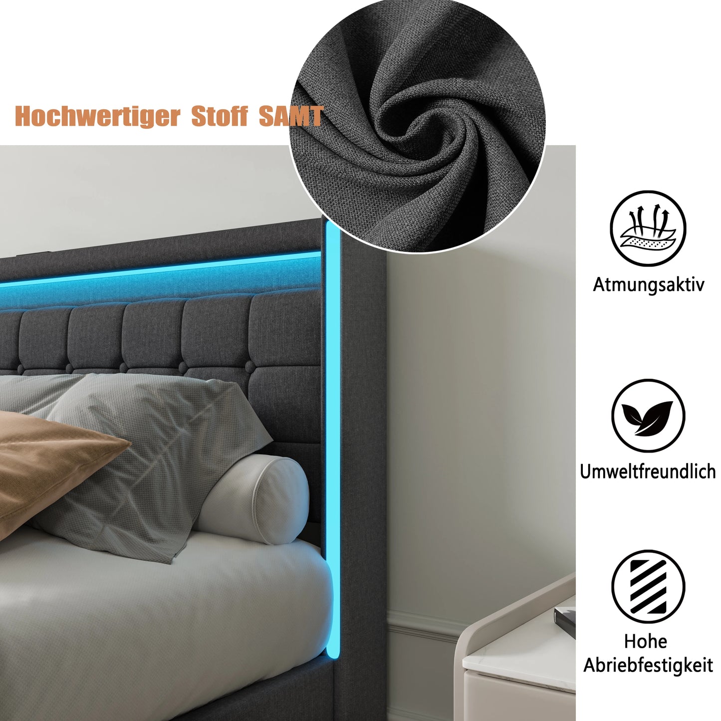 Lit capitonné 140/160x200 cm, tête de lit avec éclairage LED et fonction de chargement USB, lit double avec 4 tiroirs, lit fonctionnel