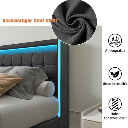 Lit capitonné 140/160x200 cm, tête de lit avec éclairage LED et fonction de chargement USB, lit double avec 4 tiroirs, lit fonctionnel
