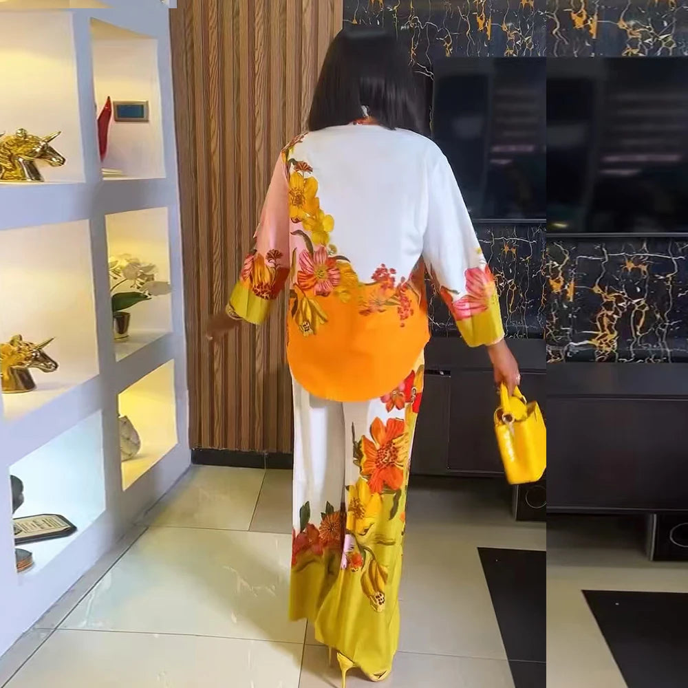 Chemise Vintage décontractée à imprimé Floral pour femmes, col rabattu, pantalon ample, chemisier, ensemble deux pièces, tenues de vacances printemps et été