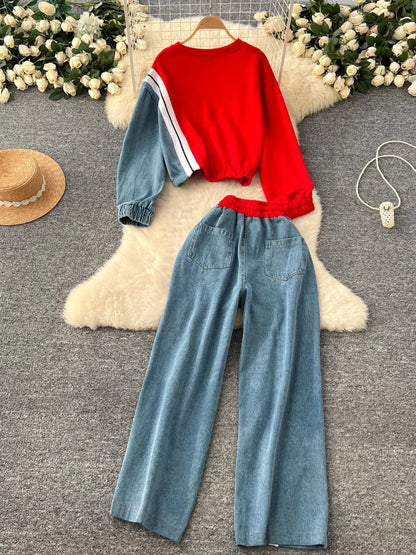 Ensemble pantalon deux pièces pour femmes, col rond, assorti, sweat-shirt, hauts, jambes larges, pantalons longs, décontracté, ample, taille élastique, Denim