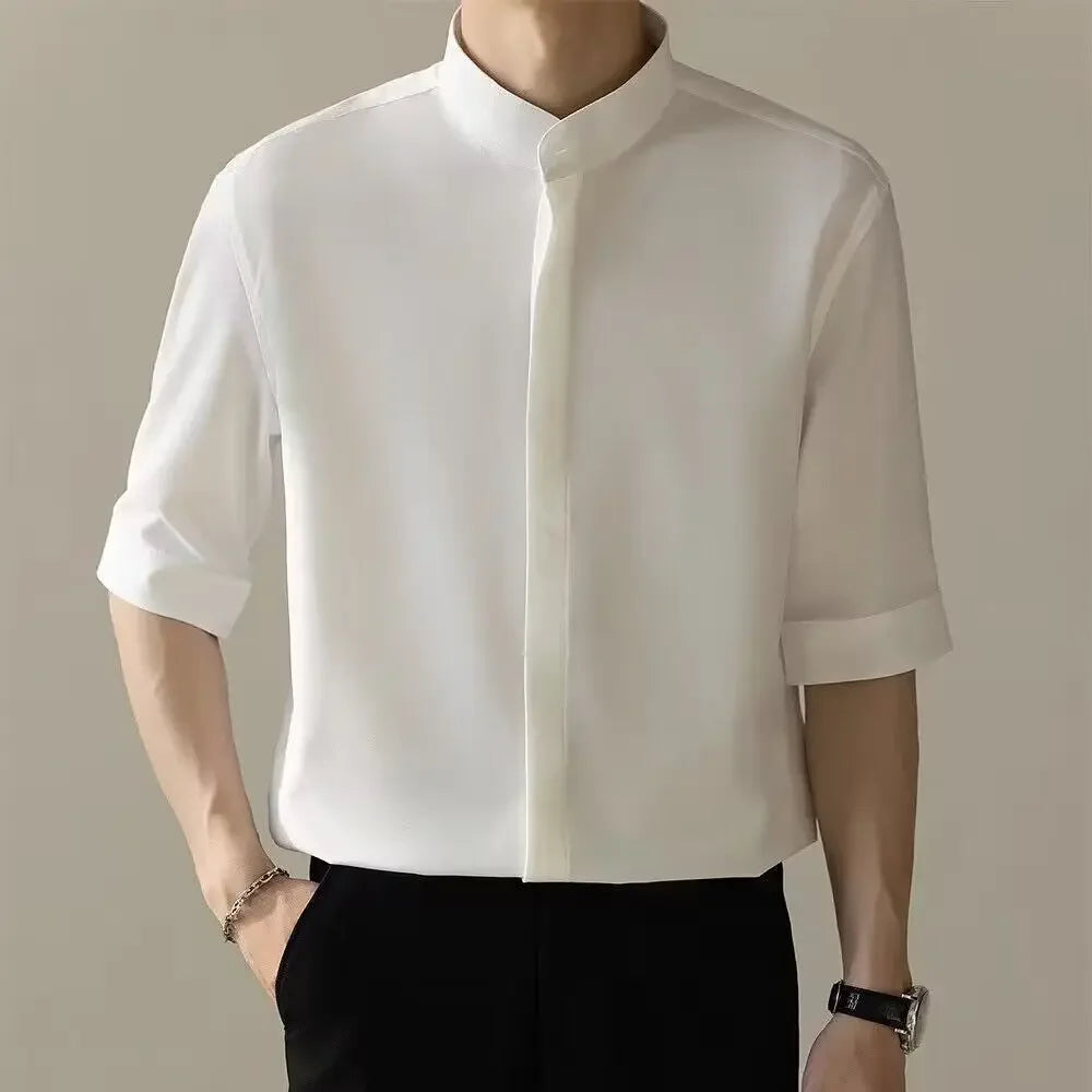 Chemise décontractée à col montant pour hommes, manches courtes, pour les déplacements professionnels, séchage rapide, coupe cintrée, haut de gamme, blanche, mode d'été, nouvelle collection