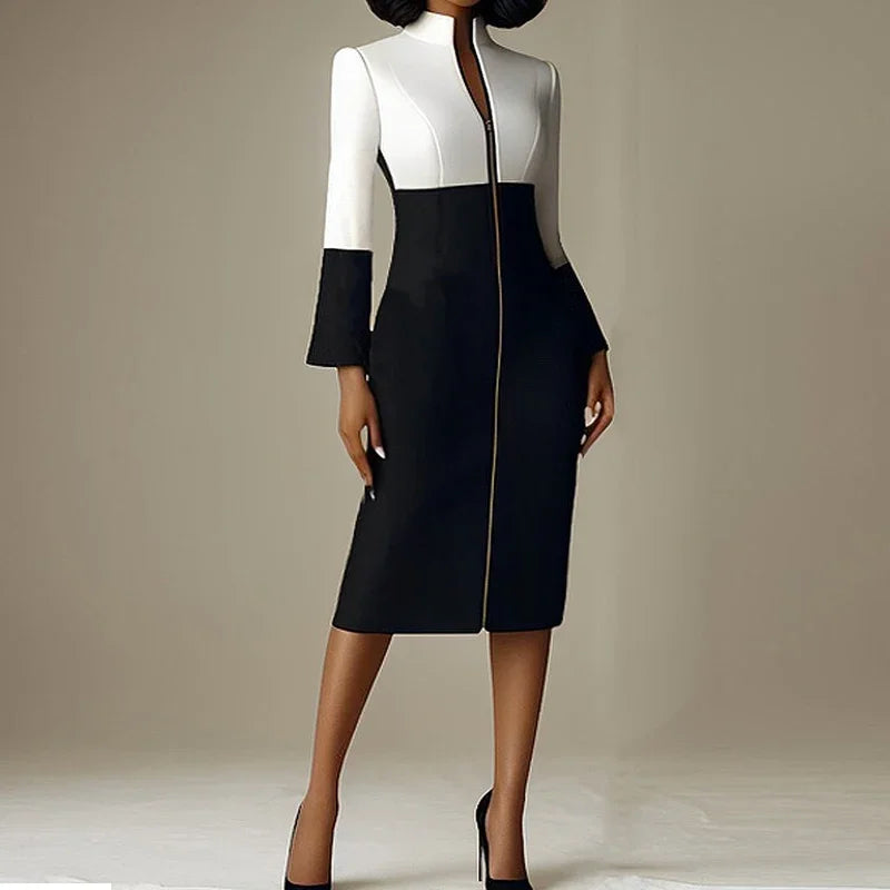 Krisstar 2025 nouvelles robes moulantes pour femmes couleur contrastée col en v avec fermeture éclair manches longues Occasion formelle bureau robes mi-longues