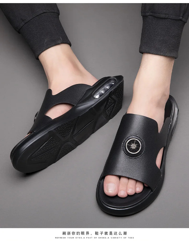 Luxury Men's Genuine Leather Sandals Classic Roman Men Shoes Slippers Soft Comfortable Men Non-slip Walking Slippers Footwea