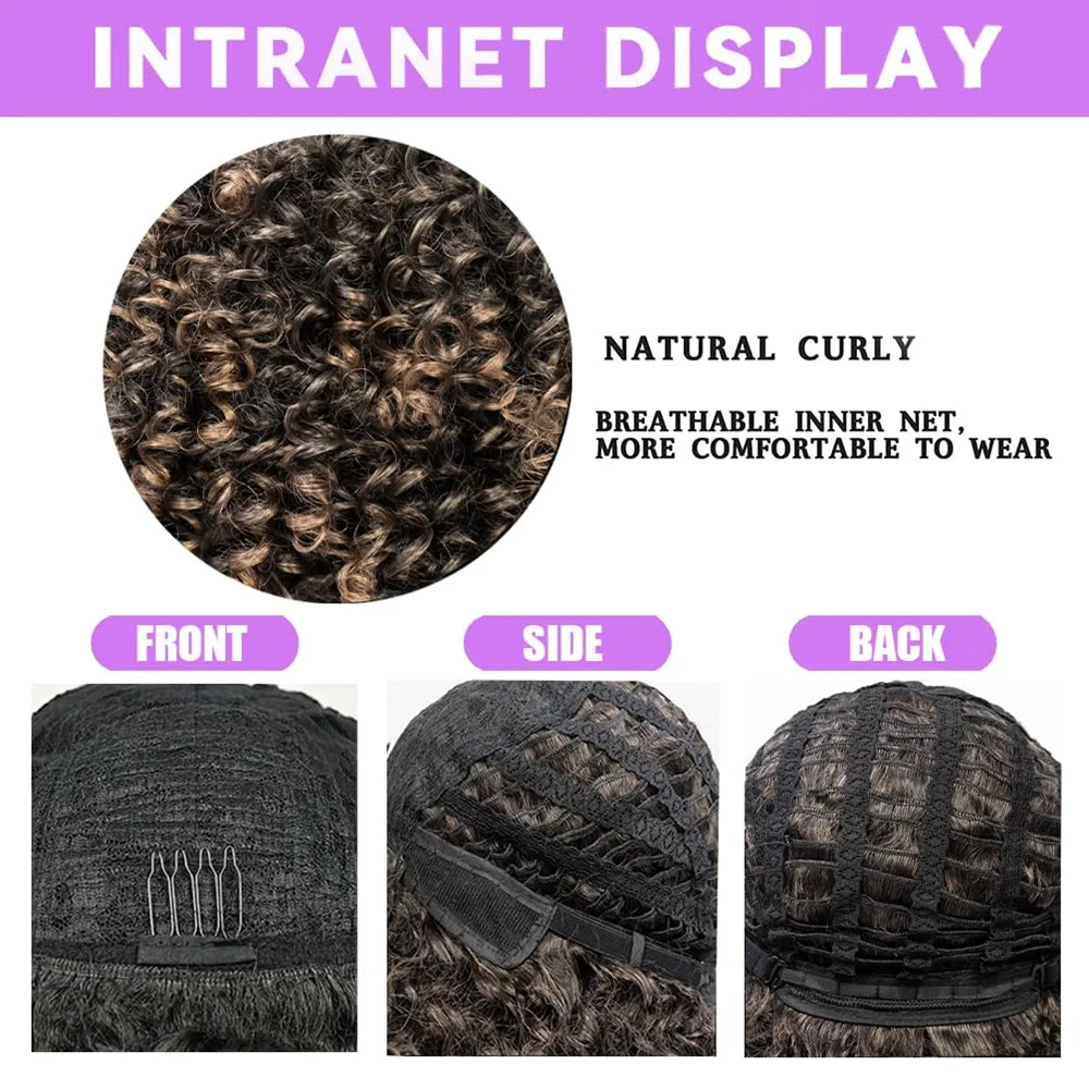 Perruques afro bouclées pour femmes noires, perruque bouclée crépue avec frange, perruque courte bouclée Bob, cheveux synthétiques d'apparence naturelle, noir et brun, 16 po