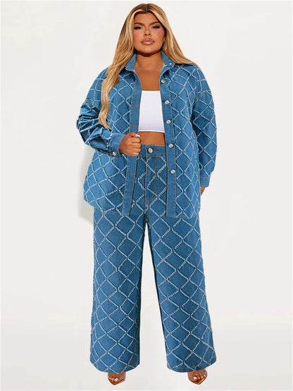 Wmstar grande taille Denim deux pièces ensembles femmes automne vêtements imprimer à manches longues hauts pantalons nouveaux costumes assortis en gros Dropshopping