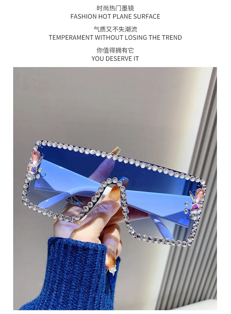Lunettes de soleil une pièce pour femmes, grande monture rectangulaire incrustée de diamants, avec diamants d'eau