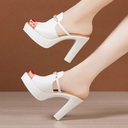 Chaussures à talons hauts de 10cm pour femmes, chaussures à plateforme, pantoufles d'été à semelle épaisse en cuir avec cœur épais, pour bureau et mariage, 2025