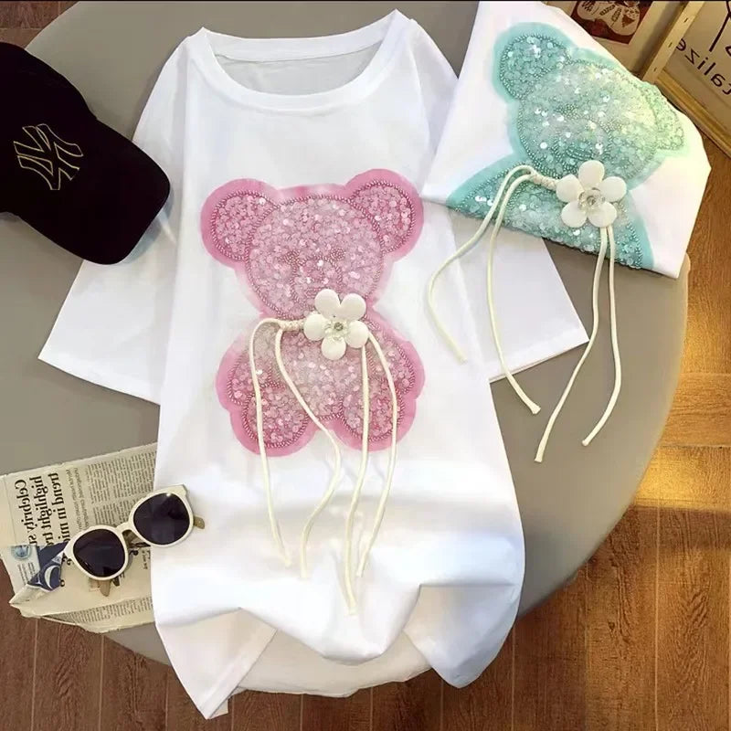Harajuku pur coton violet cristal diamants ours broderie mignon t-shirts Kawaii femmes filles hauts décontractés en vrac mode coréenne