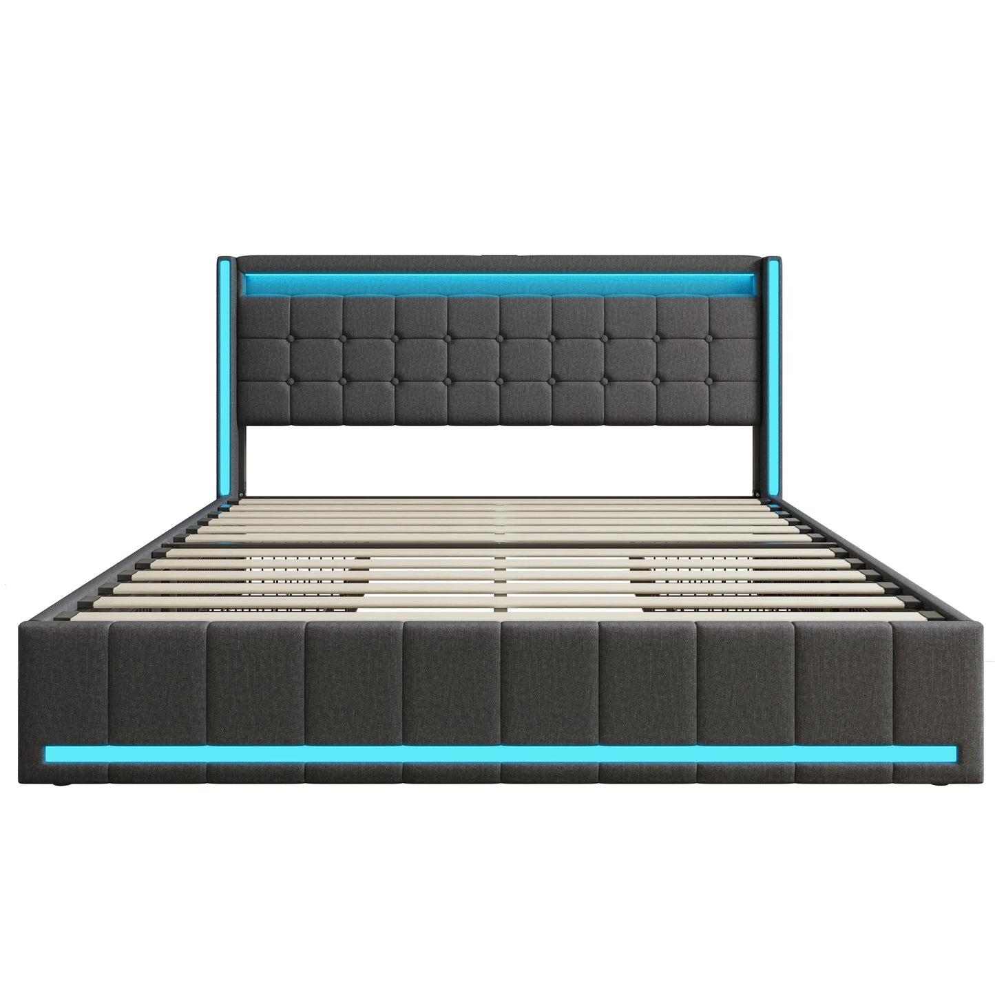 Lit capitonné 140/160x200 cm, tête de lit avec éclairage LED et fonction de chargement USB, lit double avec 4 tiroirs, lit fonctionnel