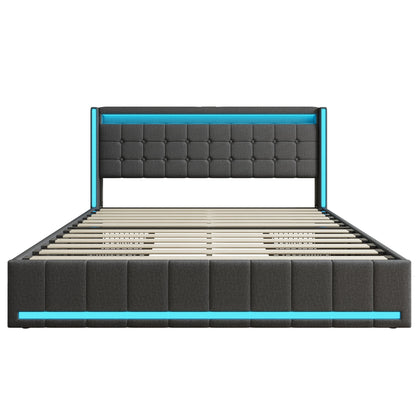 Lit capitonné 140/160x200 cm, tête de lit avec éclairage LED et fonction de chargement USB, lit double avec 4 tiroirs, lit fonctionnel