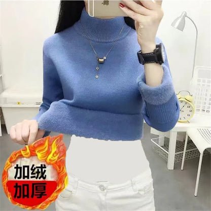 Pull Slim à Demi-Col Roulé pour Femme, Tricot Doublé de Velours, Chaud, Épais, en Jersey Doux, Collection Hiver