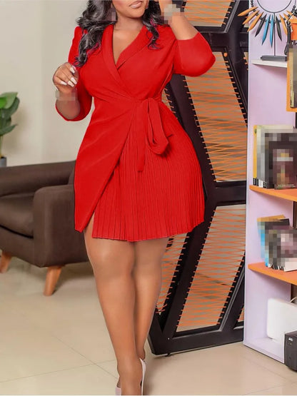 Robe plissée pour femmes, grande taille, col plissé, style blazer, bureau, vintage, sexy, ceinture, fête, serrée, courbée, courte