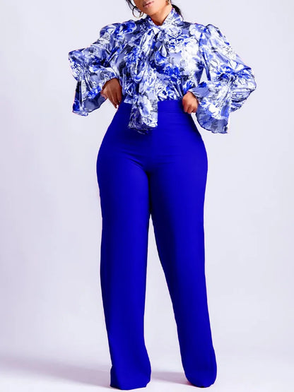 Ensemble chemise à manches longues et pantalon large pour femme, décontracté, imprimé, élégant, mode, automne, hiver, nouveau, 2 pièces