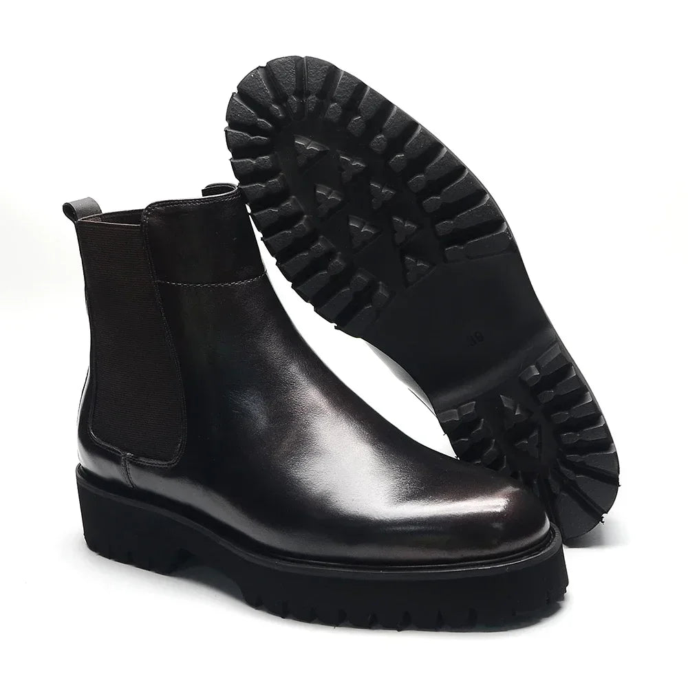 Bottes Chelsea montantes de Style britannique pour hommes, chaussures classiques de luxe en cuir véritable avec bande élastique pour augmenter la hauteur, automne et hiver
