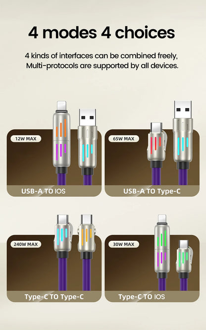 Câble de charge rapide USB vers Type C 4 en 1, 240W, PD3.0, transfert de données haute vitesse, pour iPhone 1514, Samsung, Xiaomi, HUAWEI