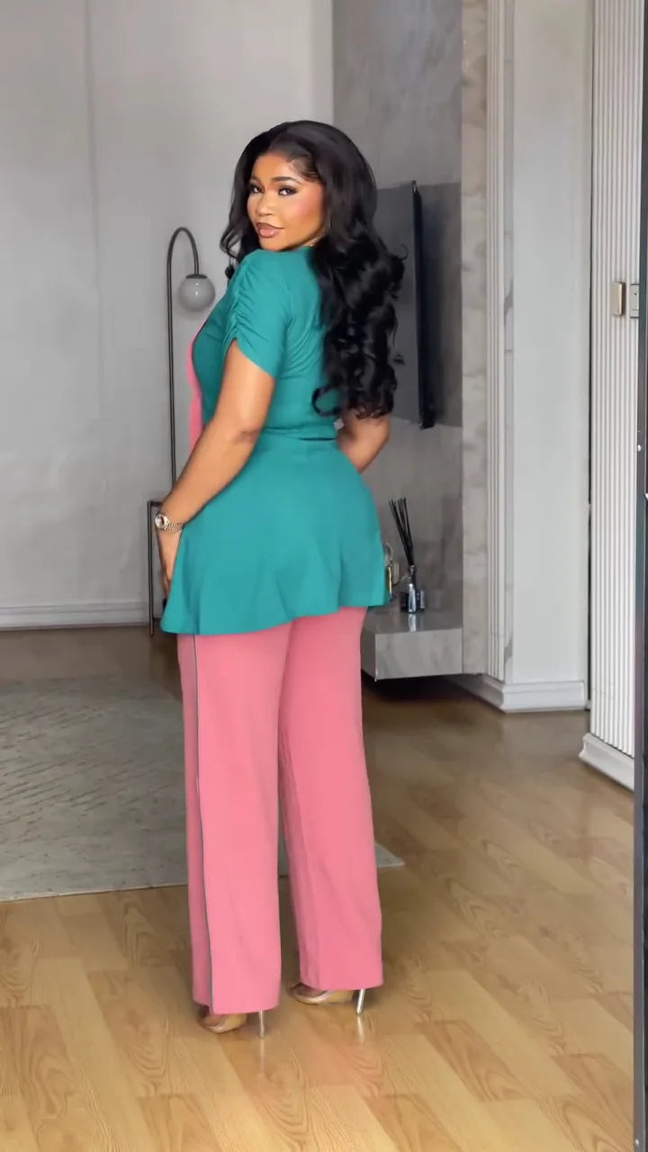 BERAKAH SUPRÊME -Haut rigide à col en V avec pantalon à jambes larges en Patchwork, ensemble deux pièces de Style africain, tenue d'affaires pour femmes, tenues d'été pour femmes