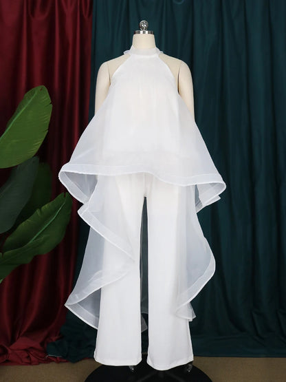 Ensemble 2 pièces en mousseline de soie pour femme, blouse longue, dos nu, pantalon blanc, jambes larges, fête, vacances, plage, été