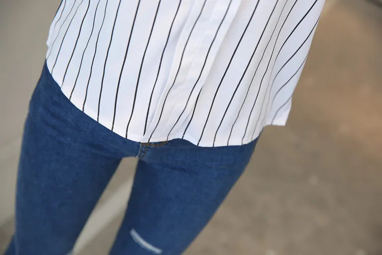 Chemisier à rayures pour femmes, col montant, chemise à manches longues et chemisiers imprimés pour dames, hauts basiques pour femmes