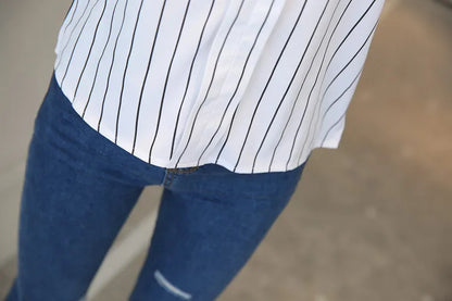 Chemisier à rayures pour femmes, col montant, chemise à manches longues et chemisiers imprimés pour dames, hauts basiques pour femmes