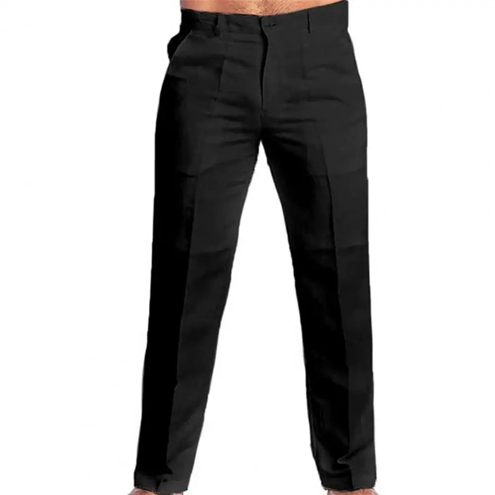 Pantalon en coton et lin pour hommes, Long, décontracté, élégant, taille moyenne, couleur unie, Slim Fit, fermeture éclair, bouton volant