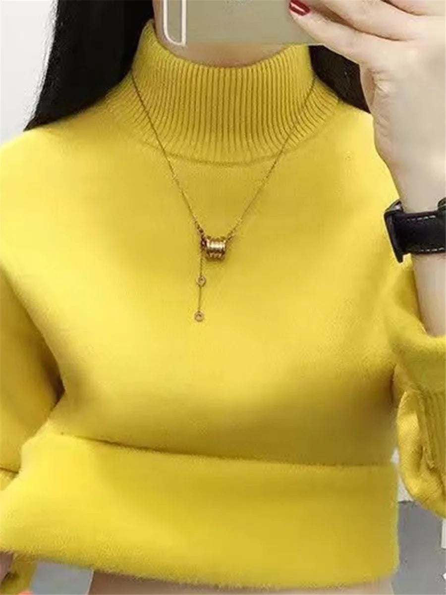 Pull Slim à Demi-Col Roulé pour Femme, Tricot Doublé de Velours, Chaud, Épais, en Jersey Doux, Collection Hiver