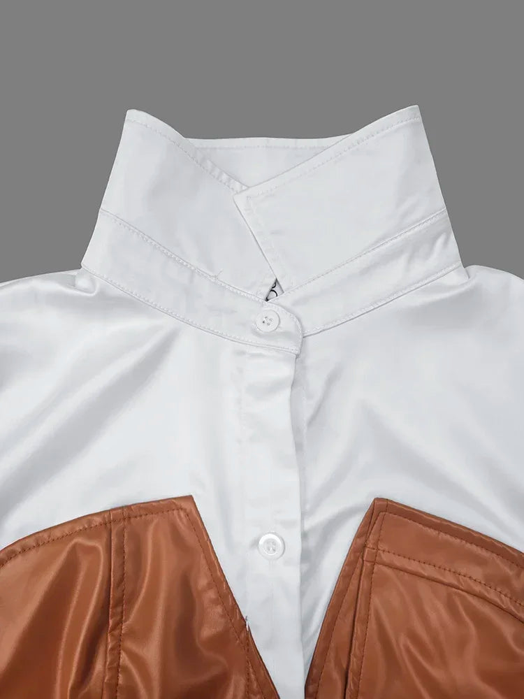 Robe mi-longue à manches longues pour femmes avec boutons, jupe chemise en PU, poche patchwork, ceinture maigre, revers, femme, automne, nouveau, 2025