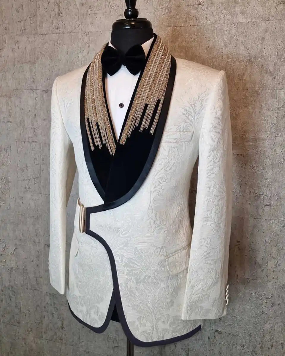 Tuxedos de mariage formel avec boucle perlée Jacquard hommes costumes châle revers 1 pièce ensemble veste beaux blazers de marié personnalisés