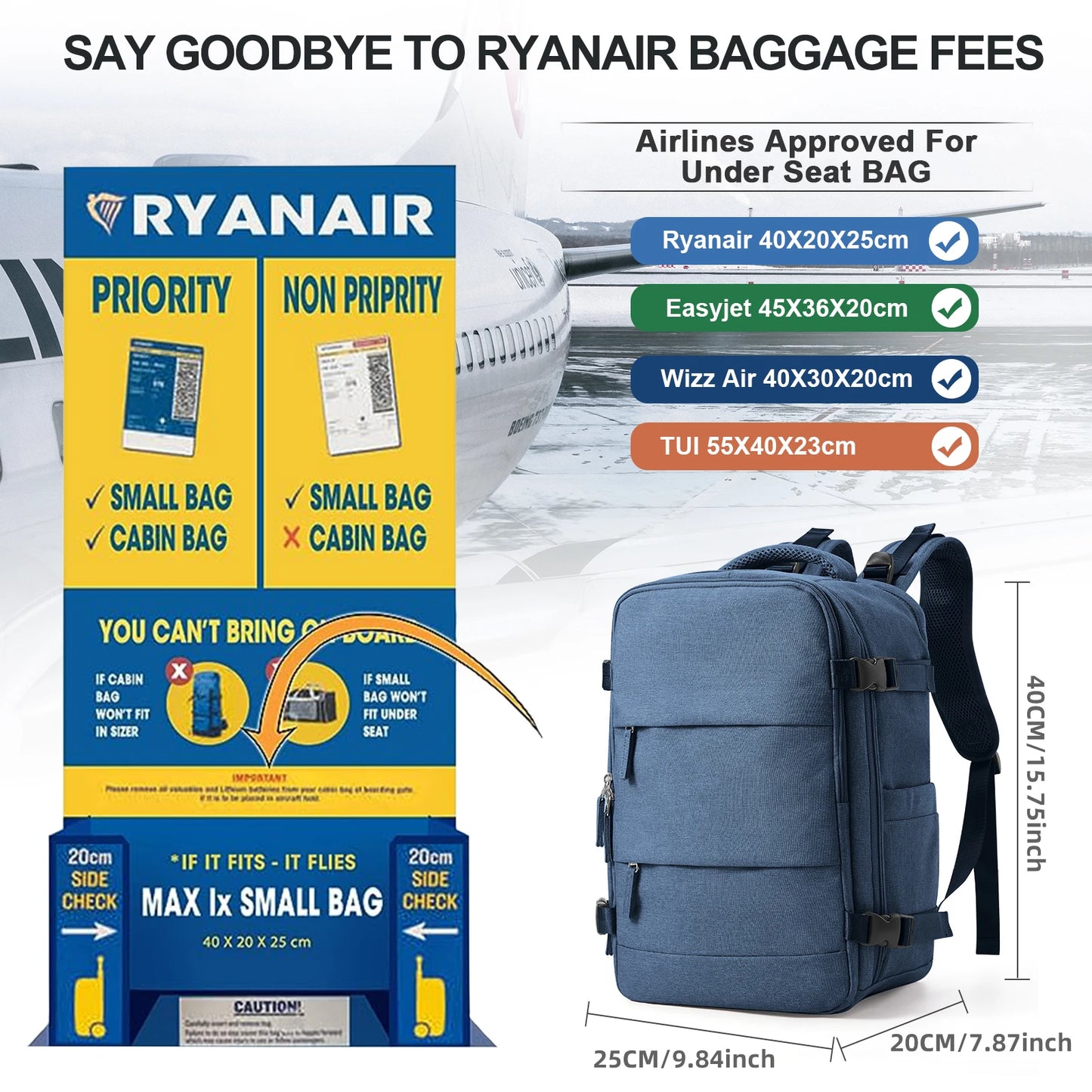 Sac à dos de voyage pour courte distance, avion Ryanair, sac de cabine, 40x20x25, loisirs, école, ordinateur portable, bagage à main, femmes, hommes