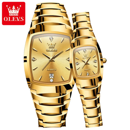 OLEVS-Montre de couple en acier au tungstène Tonneau pour hommes et femmes, marque de luxe, montre à quartz pour amoureux, montre-bracelet étanche, 7006