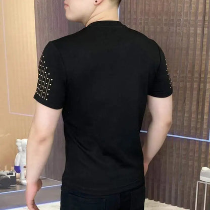 Luxe strass T-shirt à manches courtes pour hommes été col rond coupe ajustée décontracté T-shirt Social Streetwear T-shirt hauts M-5XL
