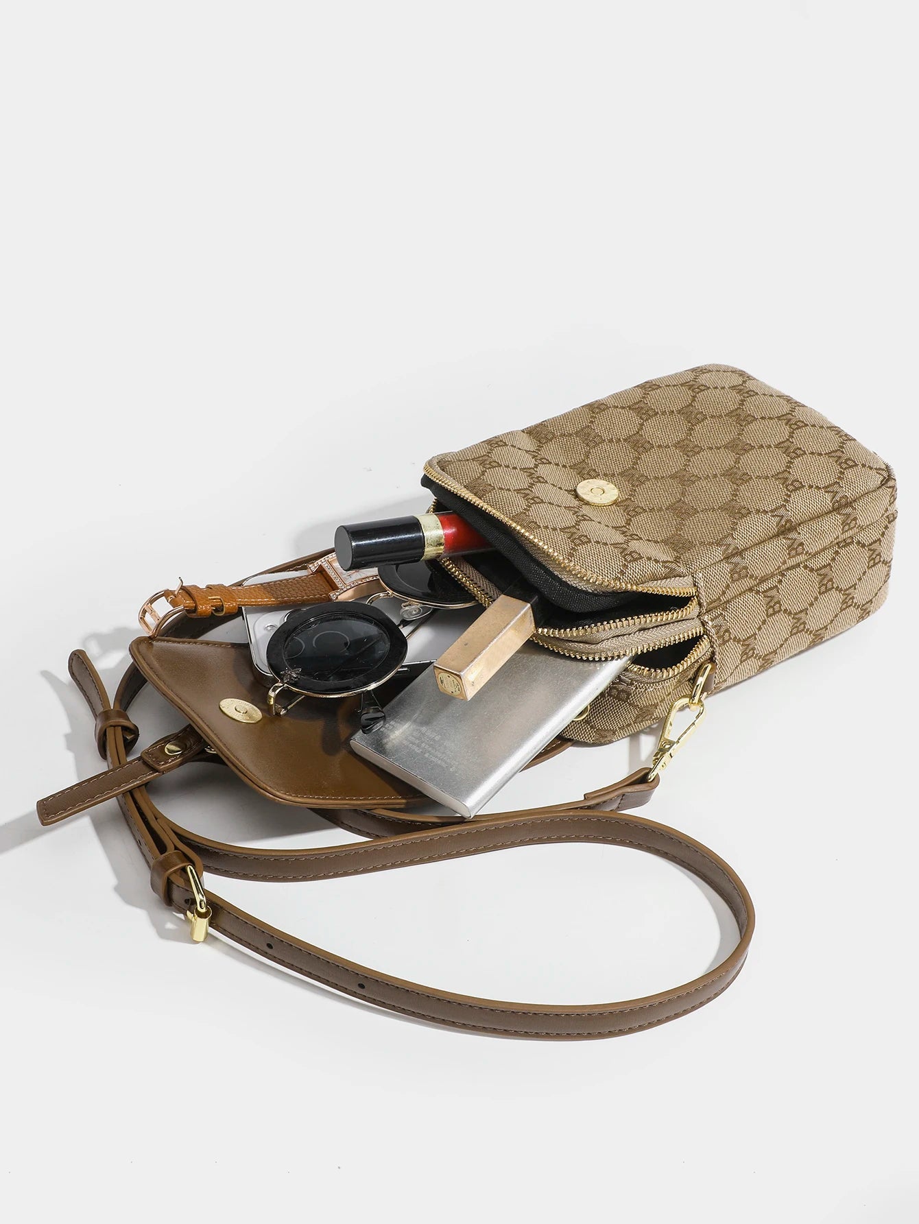 Petit sac rond à croix diagonale à carreaux pour femmes, sac à bandoulière rétro contrasté