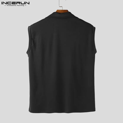 INCERUN hauts sans manche t-shirt été hommes débardeurs couleur unie fermeture éclair revers gilets hommes hauts surdimensionné vêtements pour hommes Streetwear